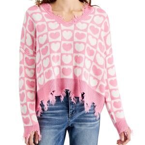 Just Polly Heart Print Destructed Sweater - Pink - Large